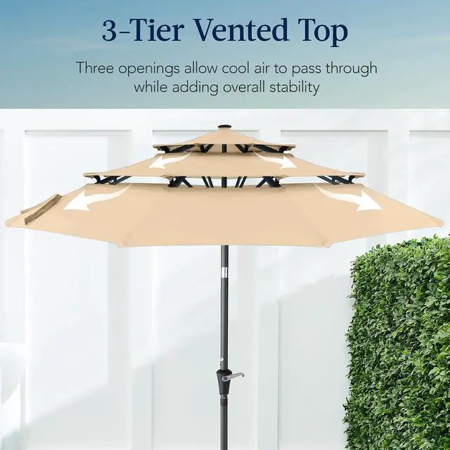 Alt view image 3 of 7 - 10ft 3-Tier Market Patio Umbrella, Outdoor Sun Shade with Tilt, Crank Lift, 8 Ribs for Backyard, Deck, Poolside Sand