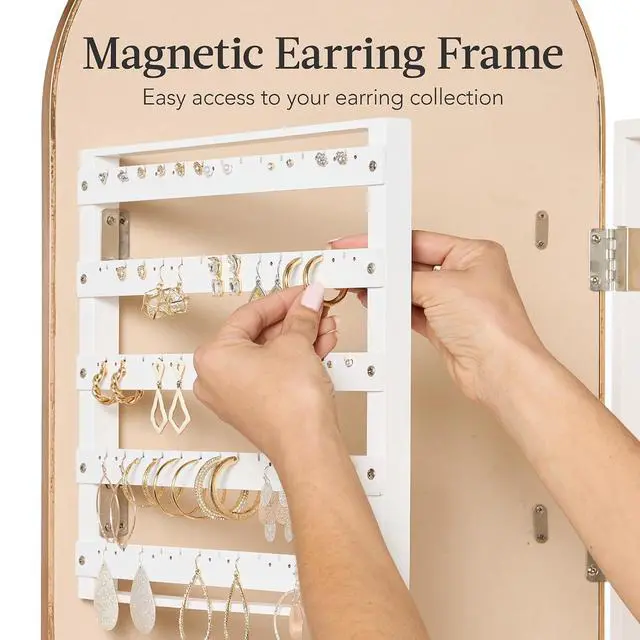 Alt view image 6 of 7 - Arch Mirror Jewelry Cabinet, Jewelry Storage Organizer, Armoire, Lockable Wall or Door Mountable, Full-Length Mirror - Gold