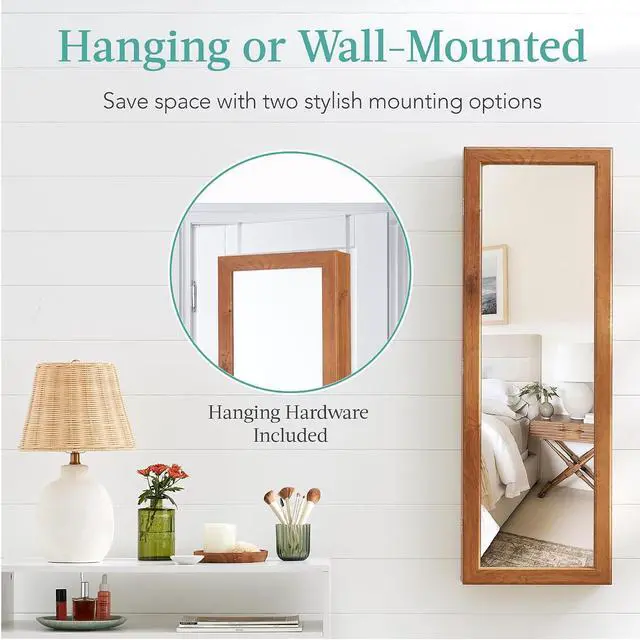 Alt view image 2 of 7 - LED Mirror Jewelry Cabinet, Tall Lockable Wall or Door Mounted Jewelry Armoire Organizer with Mirror, 2 Drawers, Lock, Cosmetic Tray, Shelves - Rustic Brown