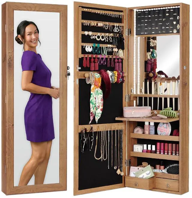 Main image of LED Mirror Jewelry Cabinet, Tall Lockable Wall or Door Mounted Jewelry Armoire Organizer with Mirror, 2 Drawers, Lock, Cosmetic Tray, Shelves - Rustic Brown