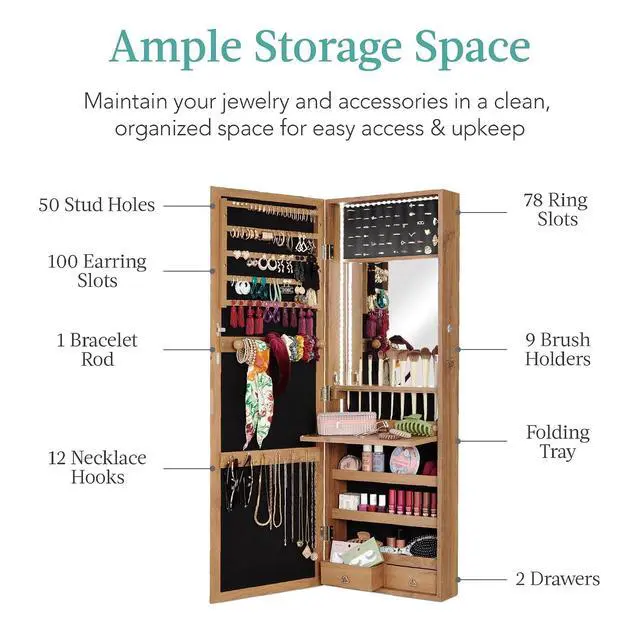 Alt view image 4 of 7 - LED Mirror Jewelry Cabinet, Tall Lockable Wall or Door Mounted Jewelry Armoire Organizer with Mirror, 2 Drawers, Lock, Cosmetic Tray, Shelves - Rustic Brown