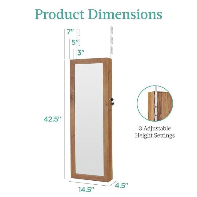 Alt view image 7 of 7 - LED Mirror Jewelry Cabinet, Tall Lockable Wall or Door Mounted Jewelry Armoire Organizer with Mirror, 2 Drawers, Lock, Cosmetic Tray, Shelves - Rustic Brown