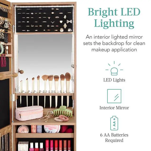 Alt view image 3 of 7 - LED Mirror Jewelry Cabinet, Tall Lockable Wall or Door Mounted Jewelry Armoire Organizer with Mirror, 2 Drawers, Lock, Cosmetic Tray, Shelves - Rustic Brown