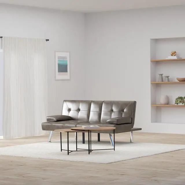 Alt view image 2 of 7 - Faux Leather Upholstered Modern Convertible Futon, Adjustable Folding Sofa Bed, Guest Bed w/Removable Armrests - Gray