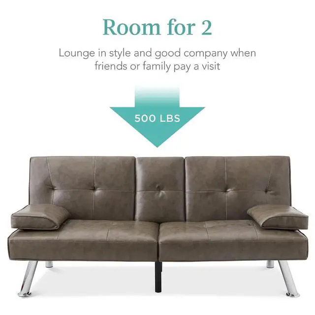 Alt view image 5 of 7 - Faux Leather Upholstered Modern Convertible Futon, Adjustable Folding Sofa Bed, Guest Bed w/Removable Armrests - Gray