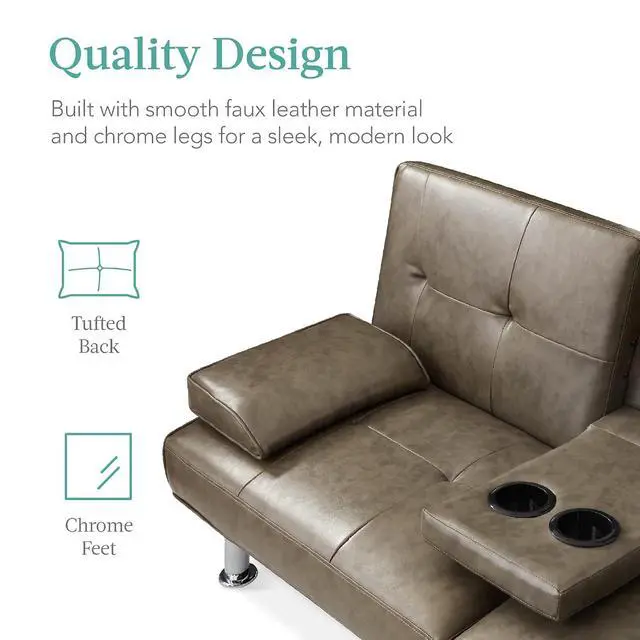 Alt view image 7 of 7 - Faux Leather Upholstered Modern Convertible Futon, Adjustable Folding Sofa Bed, Guest Bed w/Removable Armrests - Gray