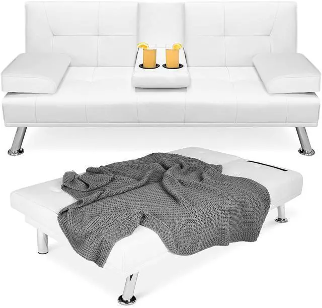 Main image of Faux Leather Upholstered Modern Convertible Futon, Adjustable Folding Sofa Bed, Guest Bed w/Removable Armrests - White