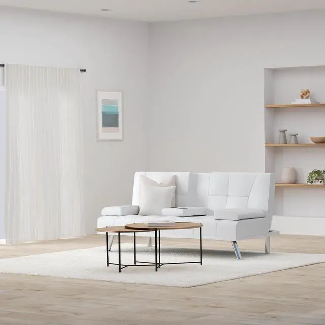 Alt view image 2 of 7 - Faux Leather Upholstered Modern Convertible Futon, Adjustable Folding Sofa Bed, Guest Bed w/Removable Armrests - White