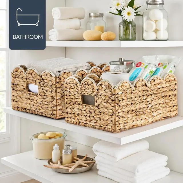 Alt view image 5 of 7 - 16x12 Scalloped Shelf Baskets, Woven Storage Bins, Storage Organizers for Pantry, Living Room, Bedroom, Nursery & Laundry, 2 Pack - Natural with White Trim