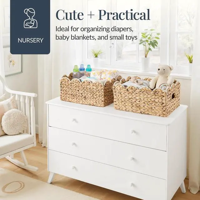 Alt view image 6 of 7 - 16x12 Scalloped Shelf Baskets, Woven Storage Bins, Storage Organizers for Pantry, Living Room, Bedroom, Nursery & Laundry, 2 Pack - Natural with White Trim