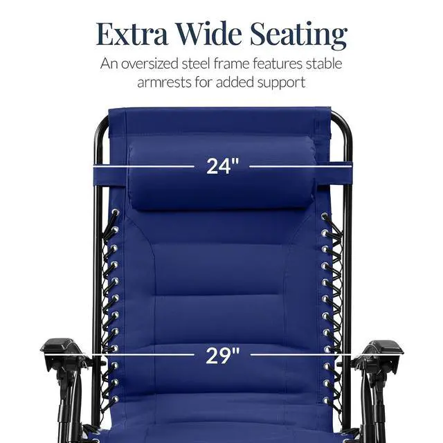 Alt view image 3 of 7 - Oversized Padded Zero Gravity Chair, Folding Outdoor Patio Recliner, XL Anti Gravity Lounger for Backyard w/Headrest, Cup Holder, Side Tray, Polyester Mesh - Cobalt Blue