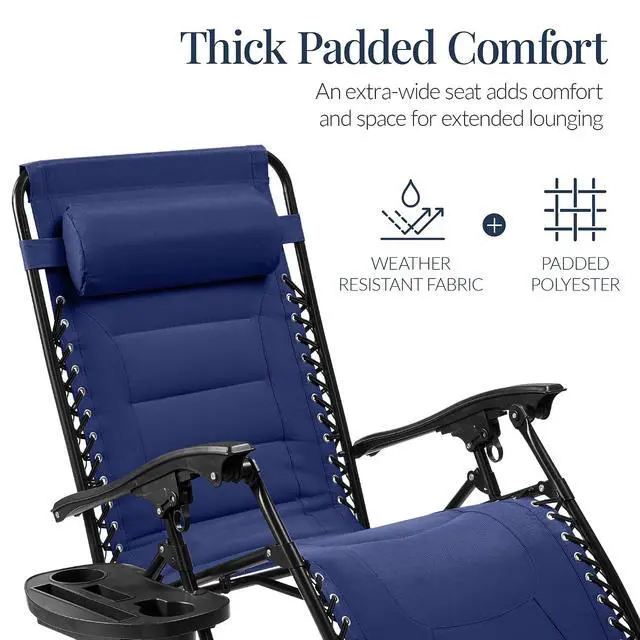Alt view image 4 of 7 - Oversized Padded Zero Gravity Chair, Folding Outdoor Patio Recliner, XL Anti Gravity Lounger for Backyard w/Headrest, Cup Holder, Side Tray, Polyester Mesh - Cobalt Blue