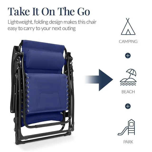 Alt view image 5 of 7 - Oversized Padded Zero Gravity Chair, Folding Outdoor Patio Recliner, XL Anti Gravity Lounger for Backyard w/Headrest, Cup Holder, Side Tray, Polyester Mesh - Cobalt Blue