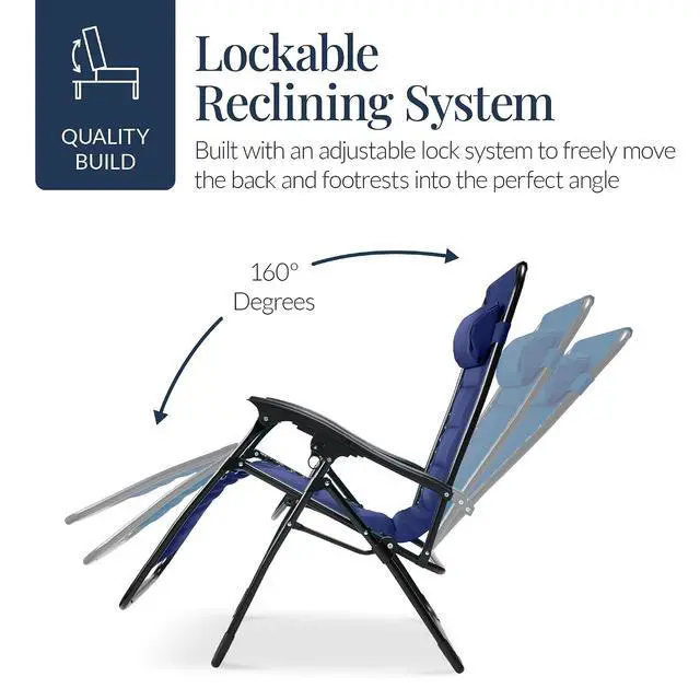 Alt view image 7 of 7 - Oversized Padded Zero Gravity Chair, Folding Outdoor Patio Recliner, XL Anti Gravity Lounger for Backyard w/Headrest, Cup Holder, Side Tray, Polyester Mesh - Cobalt Blue