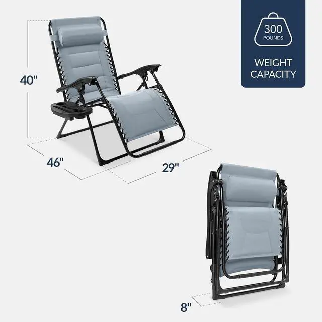 Alt view image 2 of 7 - Oversized Padded Zero Gravity Chair, Folding Outdoor Patio Recliner, XL Anti Gravity Lounger for Backyard w/Headrest, Cup Holder, Side Tray, Polyester Mesh - Breeze Blue