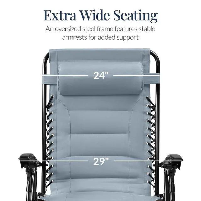 Alt view image 3 of 7 - Oversized Padded Zero Gravity Chair, Folding Outdoor Patio Recliner, XL Anti Gravity Lounger for Backyard w/Headrest, Cup Holder, Side Tray, Polyester Mesh - Breeze Blue