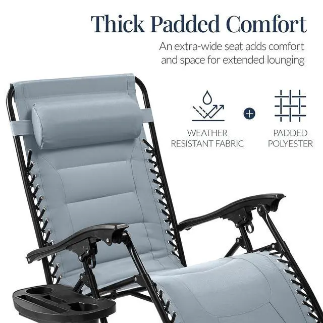 Alt view image 4 of 7 - Oversized Padded Zero Gravity Chair, Folding Outdoor Patio Recliner, XL Anti Gravity Lounger for Backyard w/Headrest, Cup Holder, Side Tray, Polyester Mesh - Breeze Blue