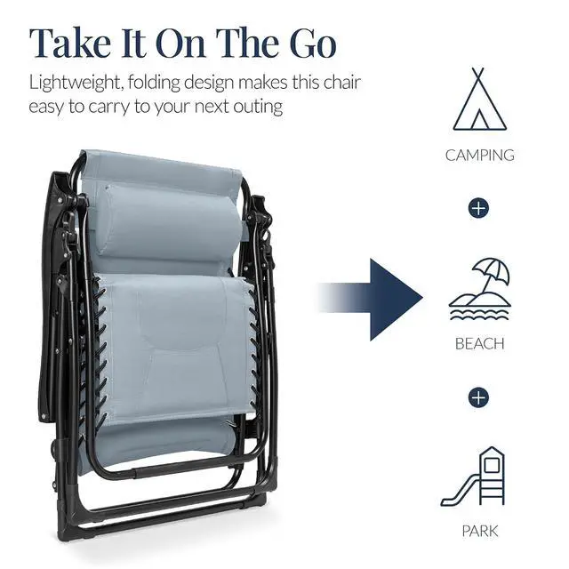Alt view image 5 of 7 - Oversized Padded Zero Gravity Chair, Folding Outdoor Patio Recliner, XL Anti Gravity Lounger for Backyard w/Headrest, Cup Holder, Side Tray, Polyester Mesh - Breeze Blue