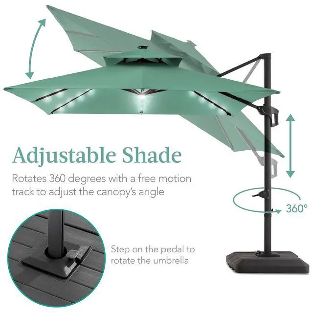 Alt view image 4 of 7 - 10x10ft Cantilever Patio Umbrella w/Base Included, Solar LED Lights 360 Rotation Large Offset Hanging Outdoor Shade for Deck Pool Backyard w/Stand Seaglass