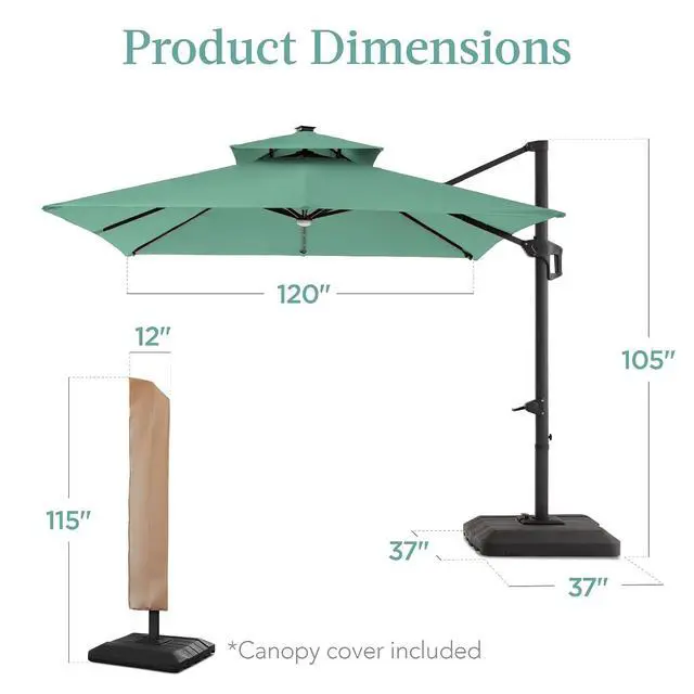 Alt view image 7 of 7 - 10x10ft Cantilever Patio Umbrella w/Base Included, Solar LED Lights 360 Rotation Large Offset Hanging Outdoor Shade for Deck Pool Backyard w/Stand Seaglass
