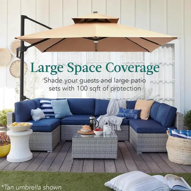 Alt view image 3 of 7 - 10x10ft Cantilever Patio Umbrella w/Base Included, Solar LED Lights 360 Rotation Large Offset Hanging Outdoor Shade for Deck Pool Backyard w/Stand Yellow