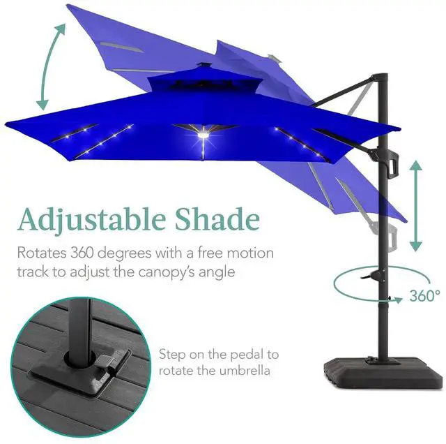 Alt view image 4 of 7 - 10x10ft Cantilever Patio Umbrella w/Base Included, Solar LED Lights 360 Rotation Large Offset Hanging Outdoor Shade for Deck Pool Backyard w/Stand Resort Blue
