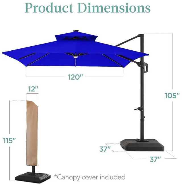 Alt view image 7 of 7 - 10x10ft Cantilever Patio Umbrella w/Base Included, Solar LED Lights 360 Rotation Large Offset Hanging Outdoor Shade for Deck Pool Backyard w/Stand Resort Blue