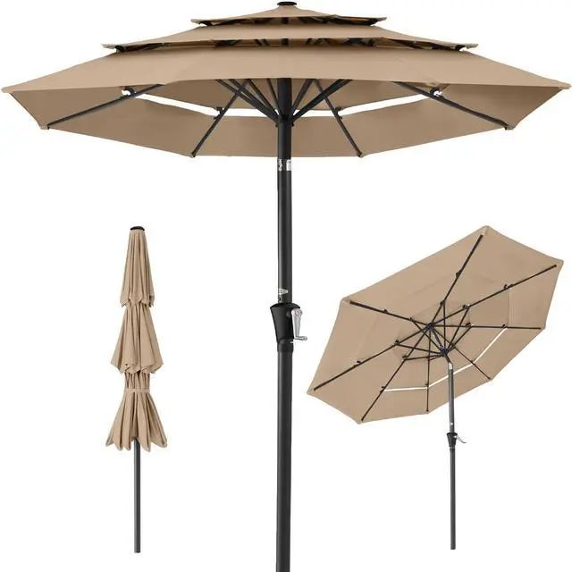 Main image of 10ft 3-Tier Market Patio Umbrella, Outdoor Sun Shade with Tilt, Crank Lift, 8 Ribs for Backyard, Deck, Poolside Tan
