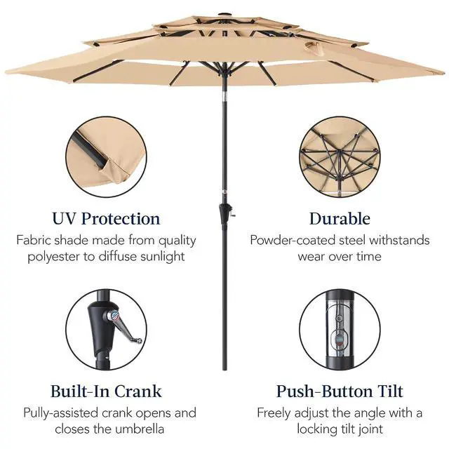 Alt view image 6 of 7 - 10ft 3-Tier Market Patio Umbrella, Outdoor Sun Shade with Tilt, Crank Lift, 8 Ribs for Backyard, Deck, Poolside Sand