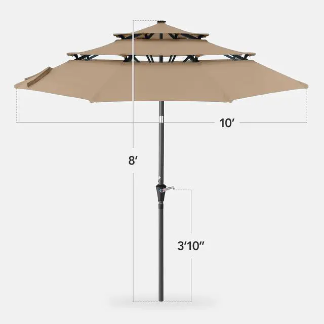 Alt view image 2 of 7 - 10ft 3-Tier Market Patio Umbrella, Outdoor Sun Shade with Tilt, Crank Lift, 8 Ribs for Backyard, Deck, Poolside Tan