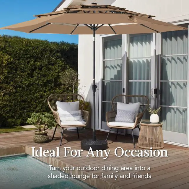 Alt view image 4 of 7 - 10ft 3-Tier Market Patio Umbrella, Outdoor Sun Shade with Tilt, Crank Lift, 8 Ribs for Backyard, Deck, Poolside Tan