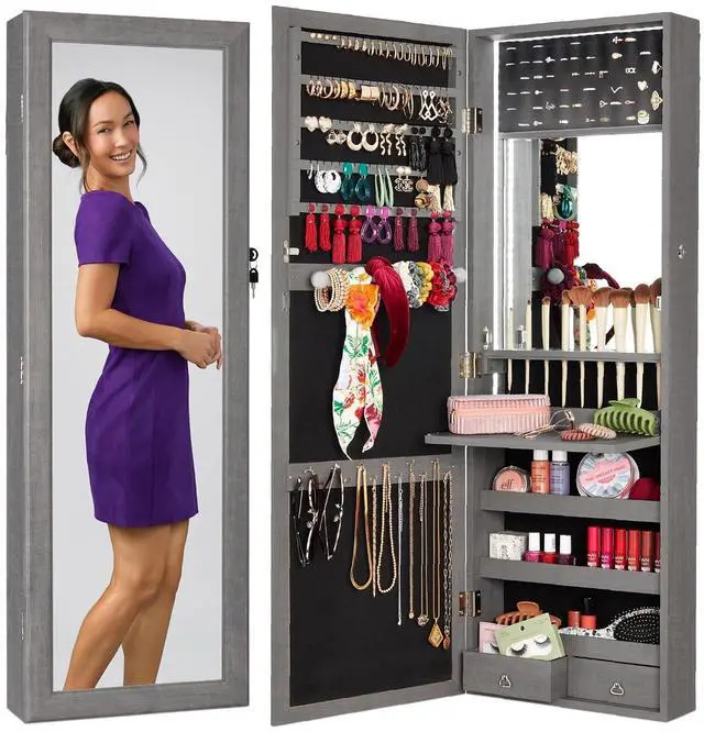 Main image of LED Mirror Jewelry Cabinet, Tall Lockable Wall or Door Mounted Jewelry Armoire Organizer with Mirror, 2 Drawers, Lock, Cosmetic Tray, Shelves - Gray Oak