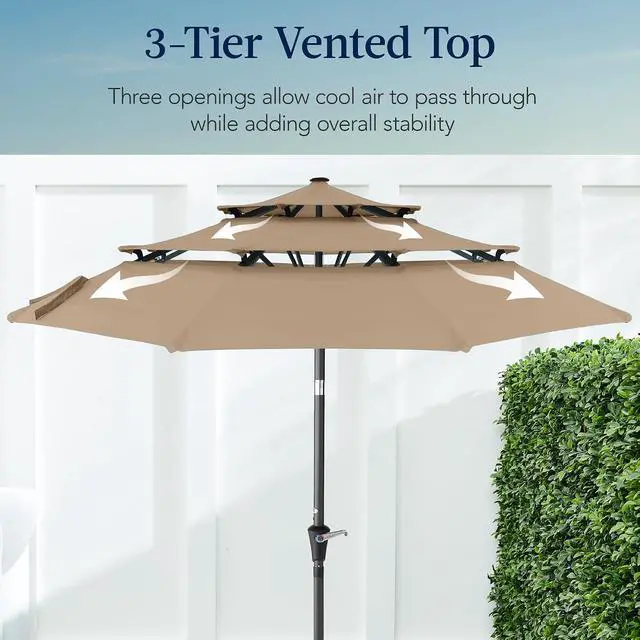Alt view image 3 of 7 - 10ft 3-Tier Market Patio Umbrella, Outdoor Sun Shade with Tilt, Crank Lift, 8 Ribs for Backyard, Deck, Poolside Tan