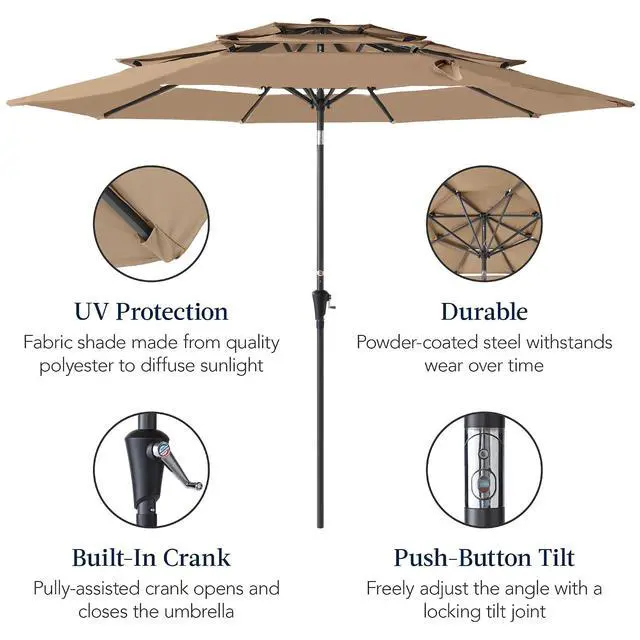 Alt view image 6 of 7 - 10ft 3-Tier Market Patio Umbrella, Outdoor Sun Shade with Tilt, Crank Lift, 8 Ribs for Backyard, Deck, Poolside Tan