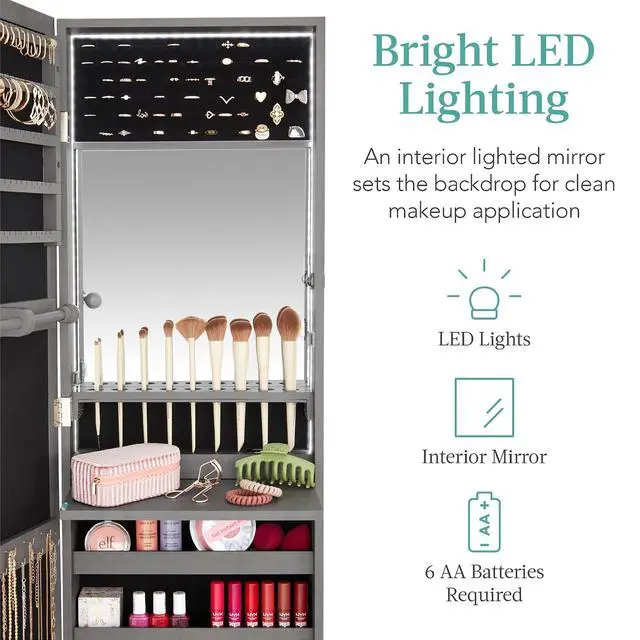Alt view image 3 of 7 - LED Mirror Jewelry Cabinet, Tall Lockable Wall or Door Mounted Jewelry Armoire Organizer with Mirror, 2 Drawers, Lock, Cosmetic Tray, Shelves - Gray Oak