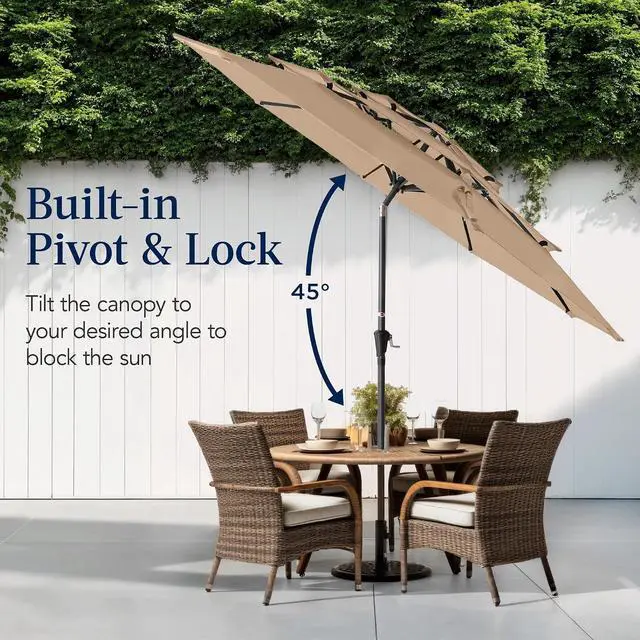Alt view image 5 of 7 - 10ft 3-Tier Market Patio Umbrella, Outdoor Sun Shade with Tilt, Crank Lift, 8 Ribs for Backyard, Deck, Poolside Tan