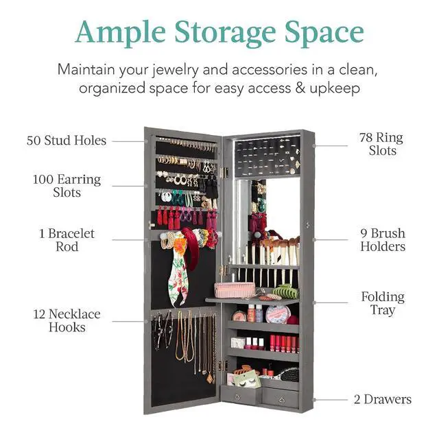 Alt view image 4 of 7 - LED Mirror Jewelry Cabinet, Tall Lockable Wall or Door Mounted Jewelry Armoire Organizer with Mirror, 2 Drawers, Lock, Cosmetic Tray, Shelves - Gray Oak