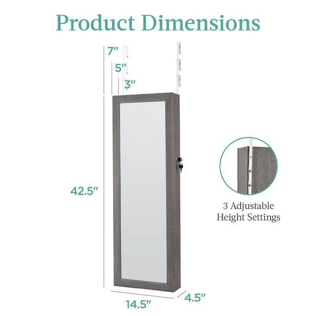 Alt view image 7 of 7 - LED Mirror Jewelry Cabinet, Tall Lockable Wall or Door Mounted Jewelry Armoire Organizer with Mirror, 2 Drawers, Lock, Cosmetic Tray, Shelves - Gray Oak