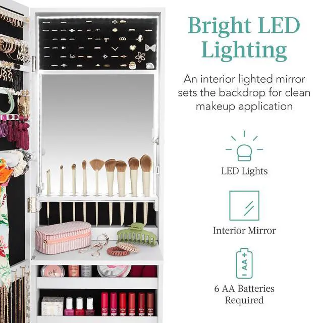 Alt view image 3 of 7 - LED Mirror Jewelry Cabinet, Tall Lockable Wall or Door Mounted Jewelry Armoire Organizer with Mirror, 2 Drawers, Lock, Cosmetic Tray, Shelves - White