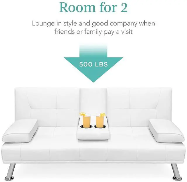 Alt view image 5 of 7 - Faux Leather Upholstered Modern Convertible Futon, Adjustable Folding Sofa Bed, Guest Bed w/Removable Armrests - White