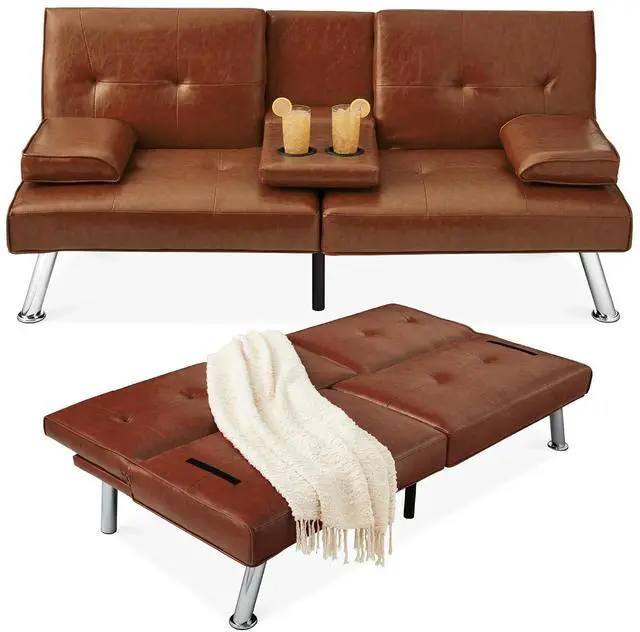 Main image of Faux Leather Upholstered Modern Convertible Futon, Adjustable Folding Sofa Bed, Guest Bed w/Removable Armrests - Medium Brown