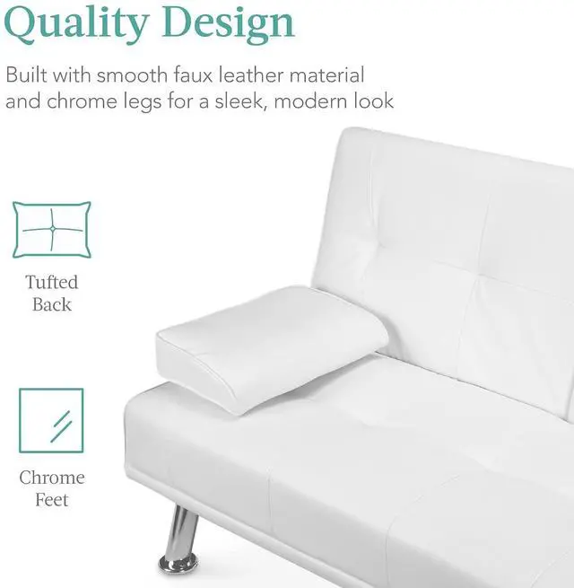 Alt view image 7 of 7 - Faux Leather Upholstered Modern Convertible Futon, Adjustable Folding Sofa Bed, Guest Bed w/Removable Armrests - White