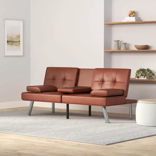 Alt view image 2 of 7 - Faux Leather Upholstered Modern Convertible Futon, Adjustable Folding Sofa Bed, Guest Bed w/Removable Armrests - Medium Brown