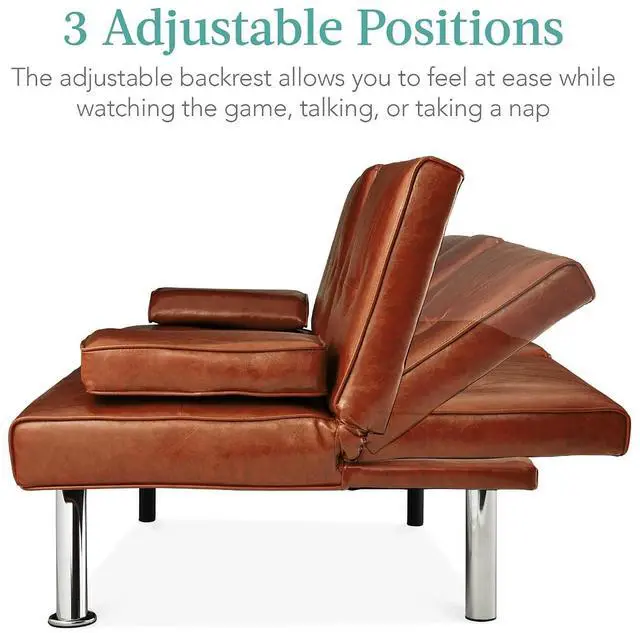 Alt view image 4 of 7 - Faux Leather Upholstered Modern Convertible Futon, Adjustable Folding Sofa Bed, Guest Bed w/Removable Armrests - Medium Brown