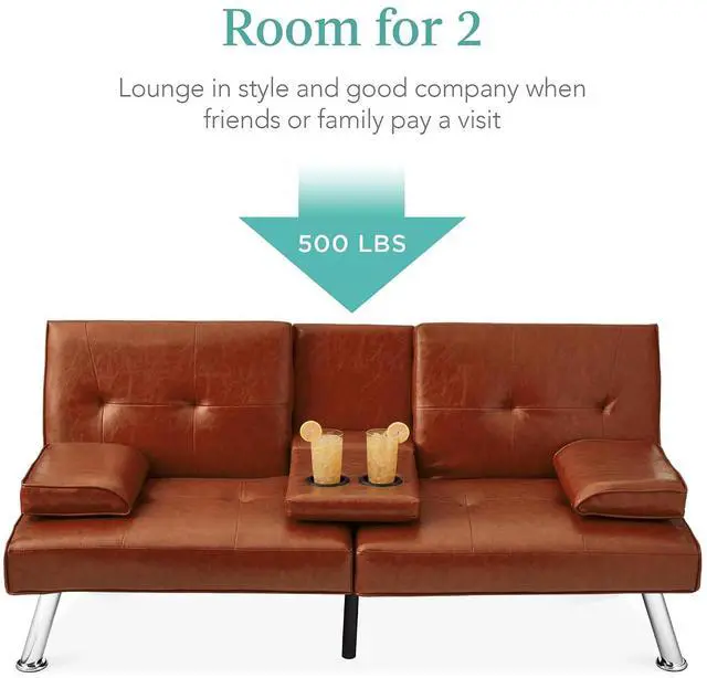 Alt view image 5 of 7 - Faux Leather Upholstered Modern Convertible Futon, Adjustable Folding Sofa Bed, Guest Bed w/Removable Armrests - Medium Brown