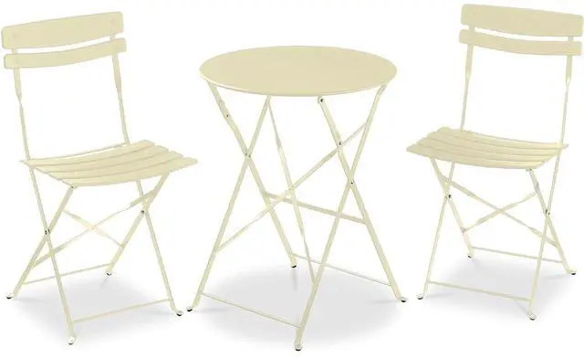 Main image of 3-Piece Bistro Set, Space Saving Folding Design, Solid Steel, Outdoor Patio Furniture Set w/ 2 Chairs, Bistro Table - Cream