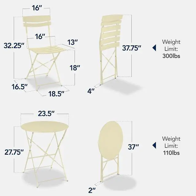 Alt view image 2 of 7 - 3-Piece Bistro Set, Space Saving Folding Design, Solid Steel, Outdoor Patio Furniture Set w/ 2 Chairs, Bistro Table - Cream