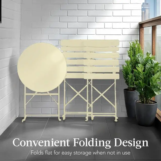 Alt view image 5 of 7 - 3-Piece Bistro Set, Space Saving Folding Design, Solid Steel, Outdoor Patio Furniture Set w/ 2 Chairs, Bistro Table - Cream