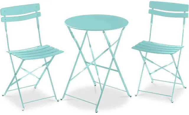 Main image of 3-Piece Bistro Set, Space Saving Folding Design, Solid Steel, Outdoor Patio Furniture Set w/ 2 Chairs, Bistro Table - Aqua Blue