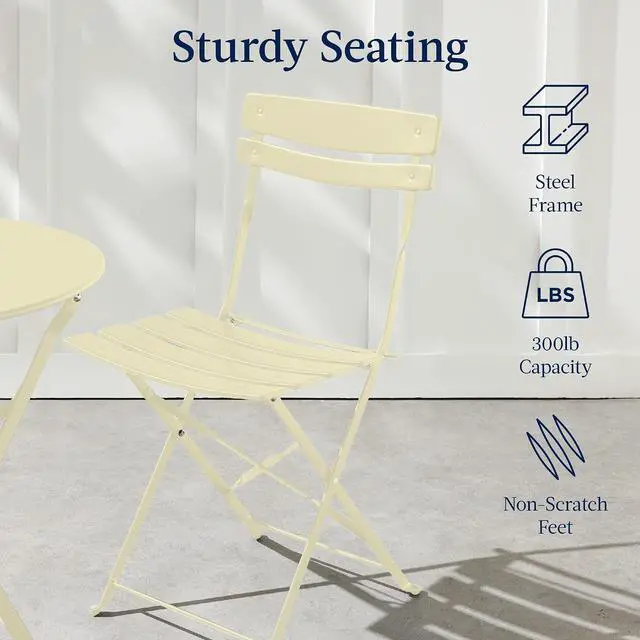 Alt view image 7 of 7 - 3-Piece Bistro Set, Space Saving Folding Design, Solid Steel, Outdoor Patio Furniture Set w/ 2 Chairs, Bistro Table - Cream